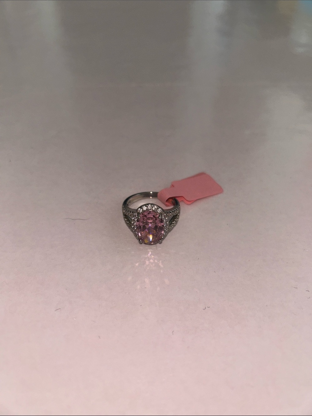 Silver plated Pink Cubic Zirconia Oval Halo Ring with Silver Accents